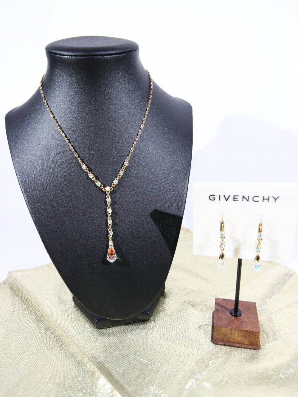 Vintage GIVENCHY Gold-Tone Crystal Y Drop Adjustable Chain Necklace & Earrings
